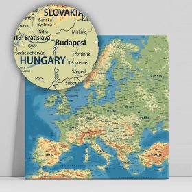Európa térkép, vászonkép domborzati sötétkék