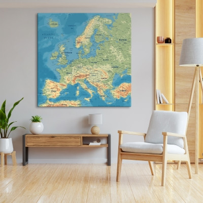 Európa térkép, vászonkép domborzati sötétkék