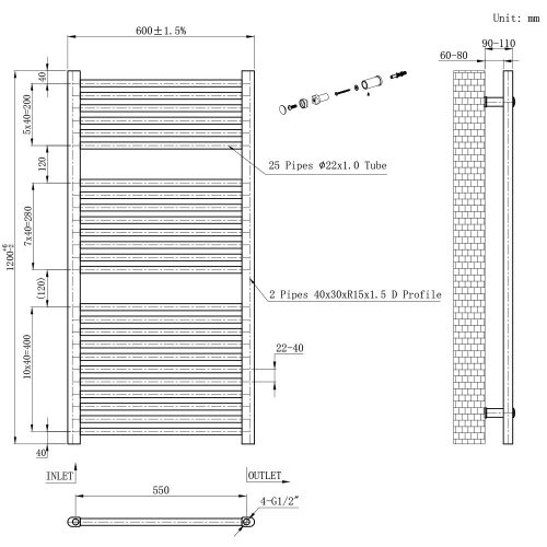 Egyenes törölközőszárító radiátor 1200x600 mm fekete